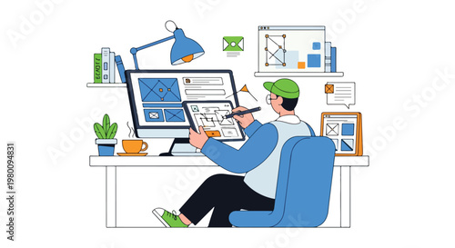 Flat-style vector artwork showing a UX/UI designer sketching wireframes on a tablet, featuring a minimal workspace with basic geometric elements and a white background.