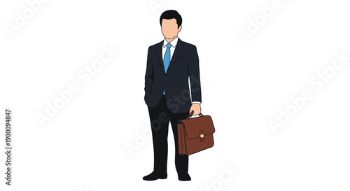 A faceless businessman in a sharp dark suit stands confidently while holding a brown leather briefcase in a clean and neutral bright white environment.