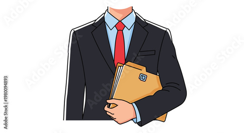 A faceless man wearing a tailored black suit and a vibrant red tie holds a tan folder filled with documents in a bright and professional office setting.
