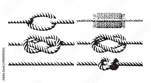 Nautical rope knots collection with vintage sailor tie styles and maritime cordage design elements