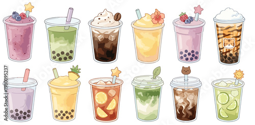 Collection of cute drinks clipart set: aesthetic bubble tea and smoothie illustrations in clear cups, colorful toppings, playful straws, and toppings, fruit, cream, tapioca pearls, menu, matcha, icons