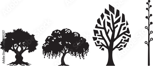 Vector illustration set of black tree silhouettes and branches depicting nature forest growth and wood plant design elements for organic art environments
