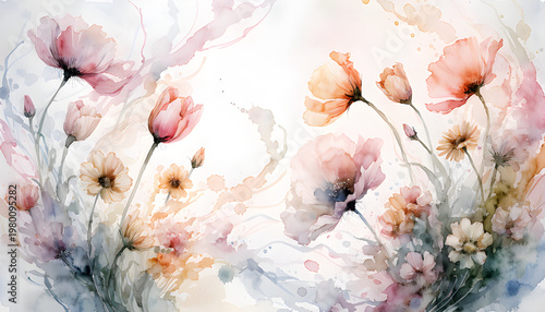 watercolor floral background, very light soft brush strokes, pastel palette, airy minimal composition