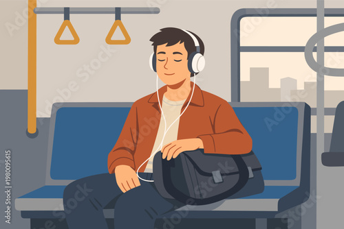 Young man commuter sitting on a bus or metro seat listening to music with headphones and holding a bag during morning public transport routine, urban city travel lifestyle vector illustration.