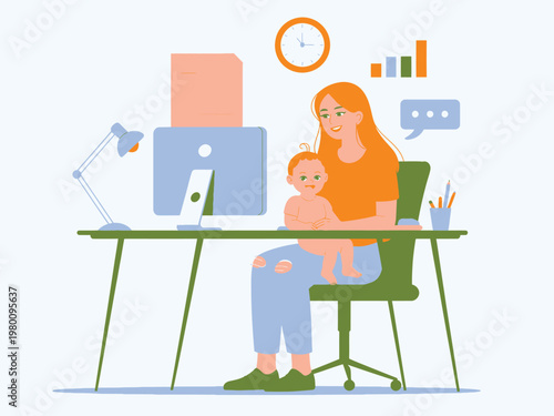 Mother working from home holding baby multitasking concept childcare computer parenting freelance illustration business together caregiver adorable