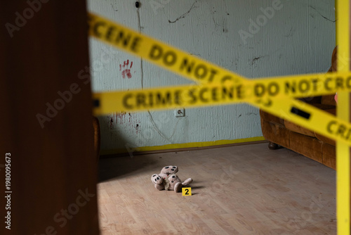 Bilde på lerret A teddy bear positioned within a crime scene, representing the loss of innocence in a violent setting