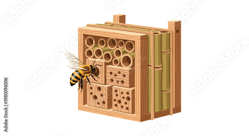 A compact square wooden insect house featuring bamboo tubes and drilled nesting blocks with a single bee landing on the side in a bright clear setting.