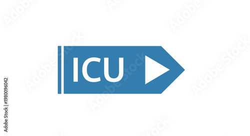 A bold blue rectangular directional sign featuring a white arrow pointing right and the text ICU in clear white lettering on a pristine white background.