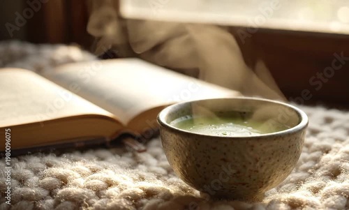 A steaming cup of green tea rests beside an open book on a textured woolen blanket near a window.