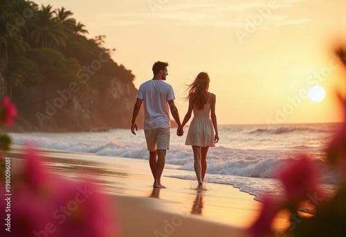 Romantic Couple Walking Hand in Hand Along Tropical Beach Serenity with Gentle Waves Down Charmed Shore