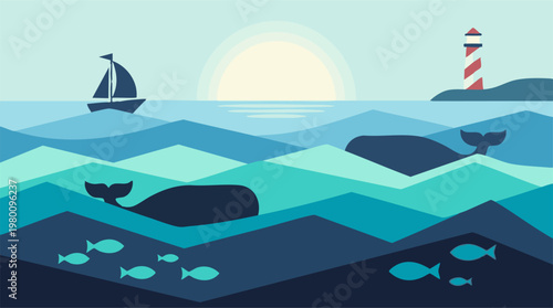 Geometric ocean seascape with whales, fish, lighthouse, and a sailboat