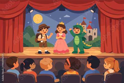 Children Performing a School Play on Stage with Red Curtains. Kids Acting in Costumes as a Princess, Explorer, and Dragon for an Audience of Classmates. Colorful Vector Illustration of Drama Class.