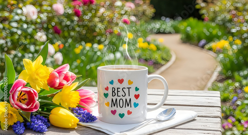 Best Mom mug with fresh spring flowers on wooden table for Mother's Day celebration in soft sunlight