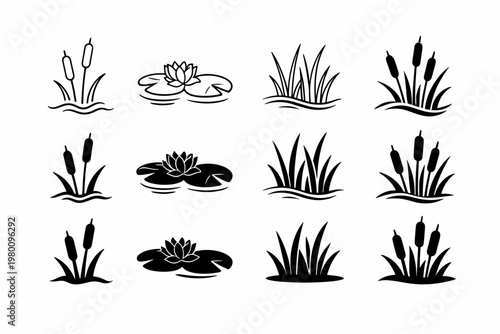 Set of black aquatic plant icons featuring cattails, water lilies with lily pads, and marsh grass vegetation in minimalist outline and solid silhouette styles for nature and pond design projects.