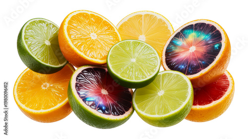 Assorted fresh citrus fruit halves including oranges, limes, and surreal cosmic galaxythemed fruit isolated on transparent background