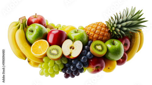 Fresh assorted fruits including bananas, apples, pineapple, grapes, and kiwi isolated on transparent background