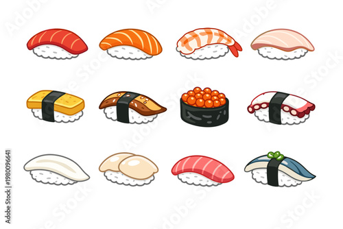 Traditional Japanese Sushi Nigiri Icons Set Featuring Tuna, Salmon, Shrimp, Eel, Tamago Egg, Octopus, Squid, Scallop, and Ikura Salmon Roe. Hand-Drawn Flat Vector Illustration for Menu Design.