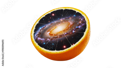 Halved orange with cosmic galaxy inside isolated on transparent for creative food advertising