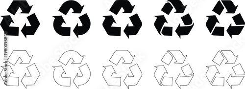 Recycling symbol icon set, featuring three arrows in a circle design signifies eco conservation and environmental reuse for nature on a black background. Vector illustration !