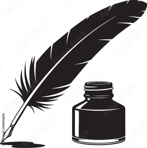 Quill pen, inkwell, vintage writing, black and white, illustration, icon, symbol