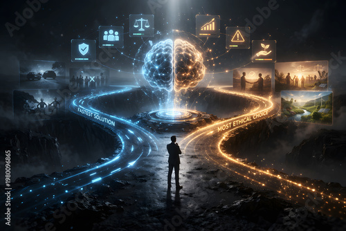 Futuristic AI Ethics Concept – Fastest Solution vs Most Ethical Choice at Crossroads