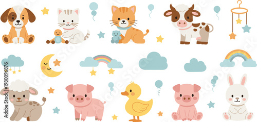 Cute Baby Farm Animal Nursery Illustration Set Featuring Puppy Kitten Calf Pig Lamb Duck Bunny with Toys Clouds and Pastel Elements