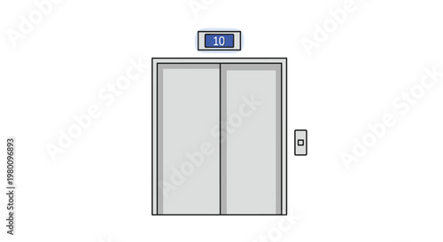 A closed modern elevator door with a digital display above showing the number ten in a glowing blue box against a clean and bright white background area.