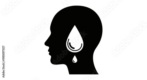 Minimalist Silhouette of Head with Single Teardrop | Emotional Sadness & Grief Line Art