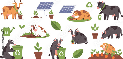 Eco Friendly Farm Animals Illustration Set Featuring Cows Gardening Recycling Solar Energy Sustainable Agriculture Cartoon Collection