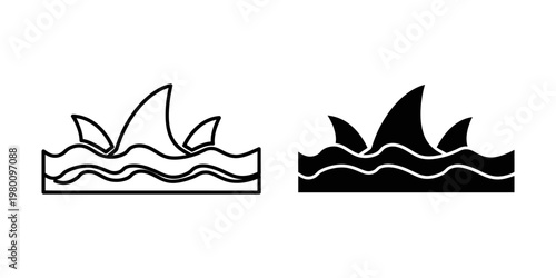 two stylized shark fins breaking ocean waves flat design vector illustration