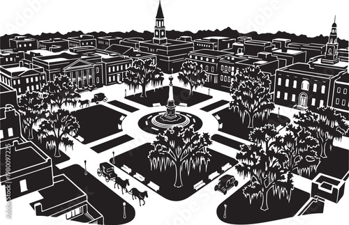 Black and white cityscape, urban landscape illustration, town square vector, city view