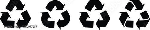 Recycling symbol icon set, featuring three arrows in a circle design signifies eco conservation and environmental reuse for nature on a black background. Vector illustration !