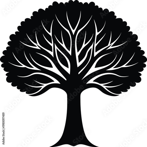 Symmetrical black silhouette of a deciduous tree with negative space branches