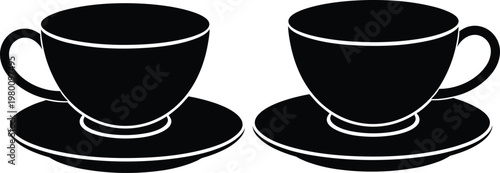 Two black coffee cups with saucers, minimalist set