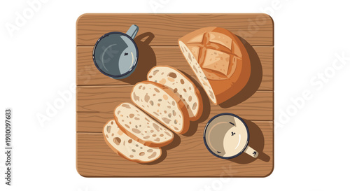 A rustic loaf of sliced bread and two empty metal mugs on a wooden cutting board in a warm and inviting top-down view composition on white background.