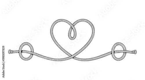 Rope heart knot with tied loops vector illustration, marine cord love symbol, decorative divider
