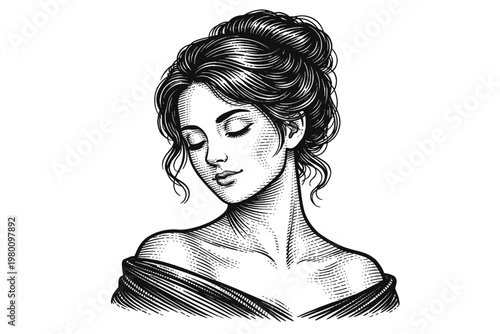 Vintage engraving vector illustration of an elegant young woman with closed eyes and a soft serene expression, classical portrait of a beautiful girl with a bun hairstyle, romantic sketch.