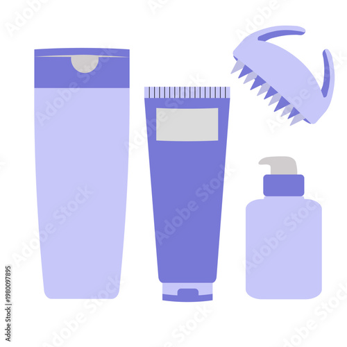 Vector illustration of a set of cosmetics for head, hair, body and skincare products. Beauty salon and home care concept.