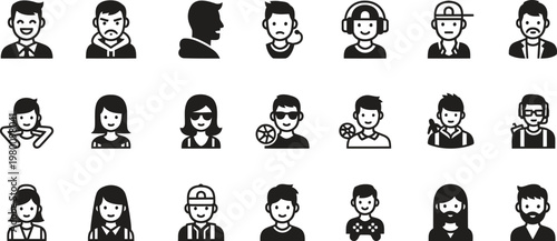 Diverse collection of minimalist avatar icons featuring people in various styles and headwear including a silhouette