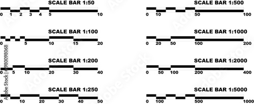 Technical architectural scale bars showing various ratios from 1:50 to 1:5000 for measuring distances on blueprints and engineering drawings in black and white.
