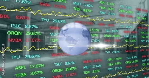 Animation of financial graphs and globe over empty hall