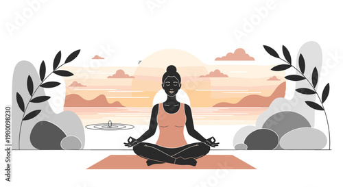 Silhouette of a woman practicing yoga in meditation outdoors at sunset