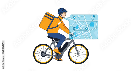 Flat vector design illustrating a delivery worker traveling on an e-bike with a digital route displayed, in a gig economy context, with a white background.