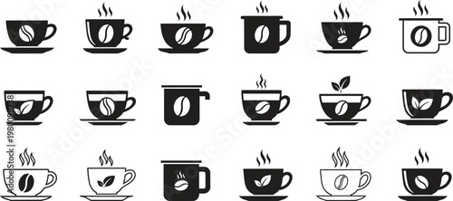 Black silhouette coffee cups collection a variety of hot beverage containers in a minimalist design