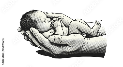 Baby sleeping peacefully in adult hand, gentle care and protection