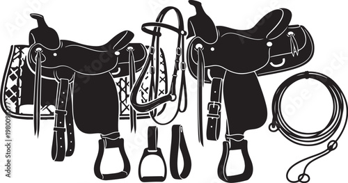 Western horse saddles, riding equipment, black icons, vector graphics, horse riding gear, saddle sets