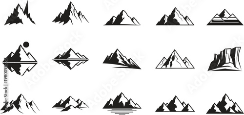 Mountain silhouette collection diverse peaks and reflections in a minimalist black and white design