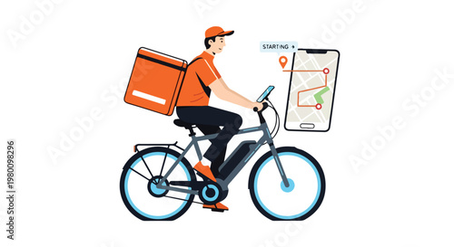 A minimal flat vector image depicting a delivery driver using an electric bicycle with a mapped route on an app, symbolizing the gig economy, on a white background.