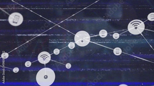 Animation of vhs glitch effect over network of digital icons and data processing on blue background