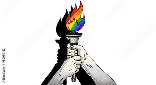 Illustration of hands holding a rainbowcolored torch symbolizing hope